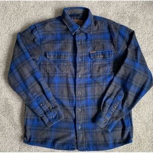 Men Orvis Flannel Jacket Blue‎ Grey Plaid Cotton/Poly Pockets Shacket Medium